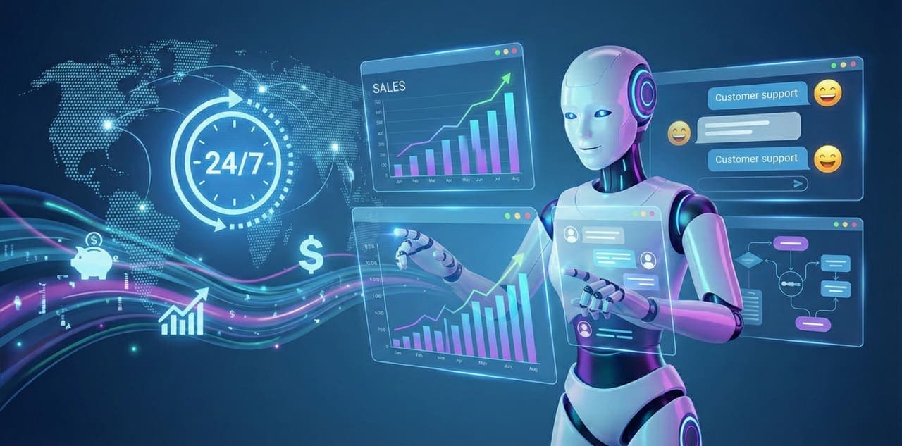 רובוט בינה מלאכותית מנהל מכירות ושירות לקוחות 24/7 על רקע גרפים של צמיחה עסקית