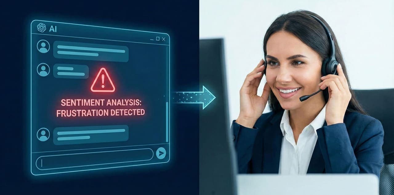 שיתוף פעולה בין סוכן AI לנציג אנושי: ה-AI מזהה פנייה דחופה ומעביר לטיפול אנושי מיידי.