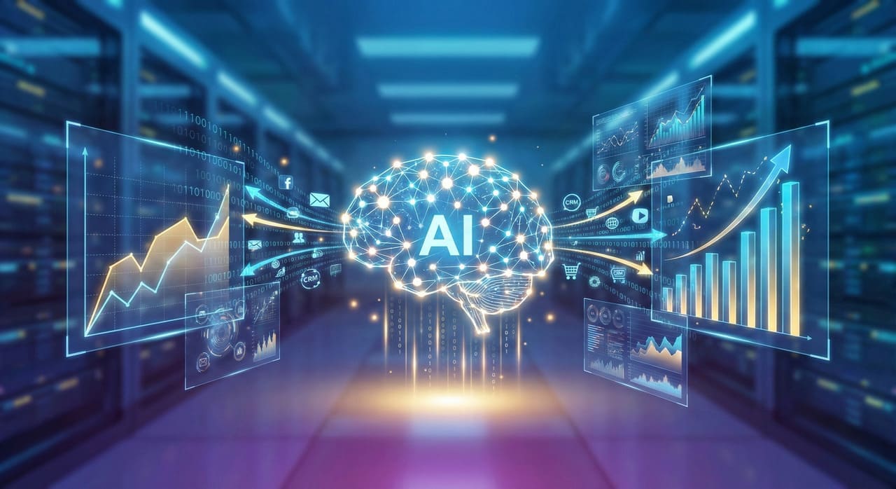 אוטומציה שיווקית מבוססת AI עם גרפים ונתונים דיגיטליים