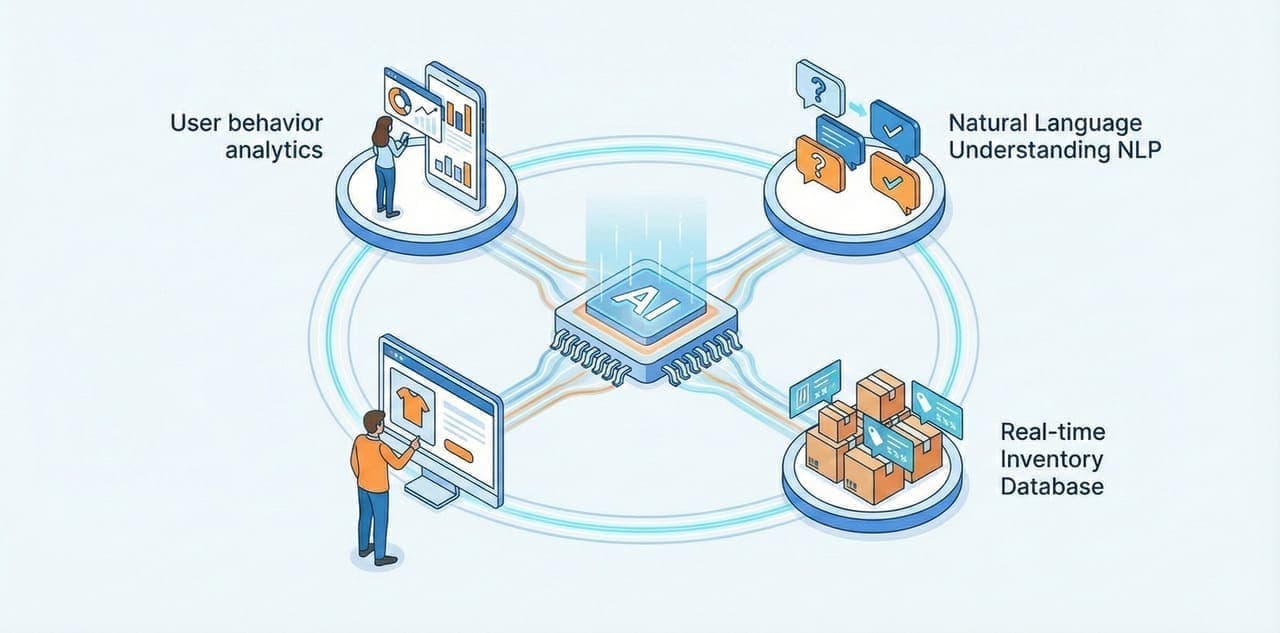 בוט מכירות AI משלב ניתוח התנהגות גולשים, NLP ומסד נתונים של מלאי בזמן אמת.