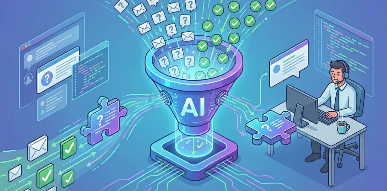 אילוסטרציה הממחישה שיתוף פעולה בין בוט AI לנציג אנושי: הבוט מסנן ומטפל אוטומטית בנפח עצום של פניות פשוטות, בעוד הנציג האנושי רגוע ומתמקד בפנייה מורכבת אחת.