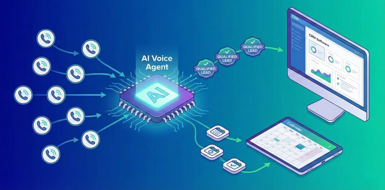 תרשים זרימה: סוכן קולי AI מסנן שיחות נכנסות, מעביר לידים חמים ל-CRM ומתאם פגישות ביומן אוטומטית.
