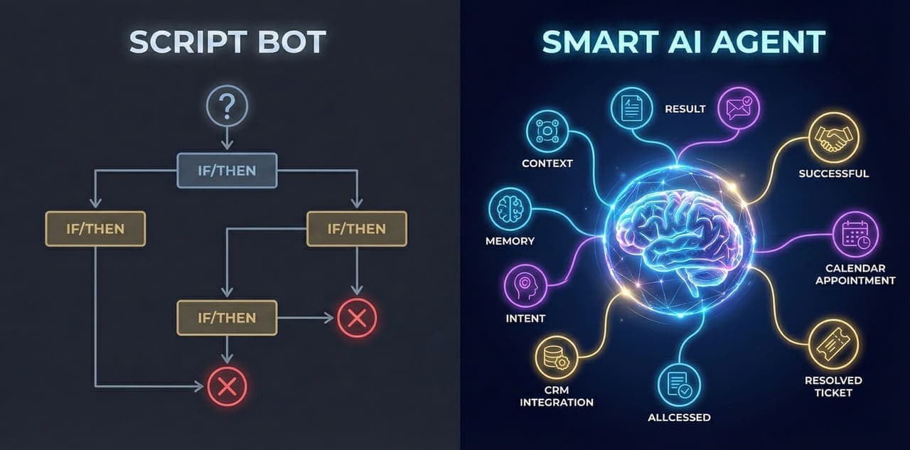 השוואה ויזואלית: בוט תסריטים ישן ומוגבל מול סוכן בינה מלאכותית חכם הלומד ומבין הקשר.