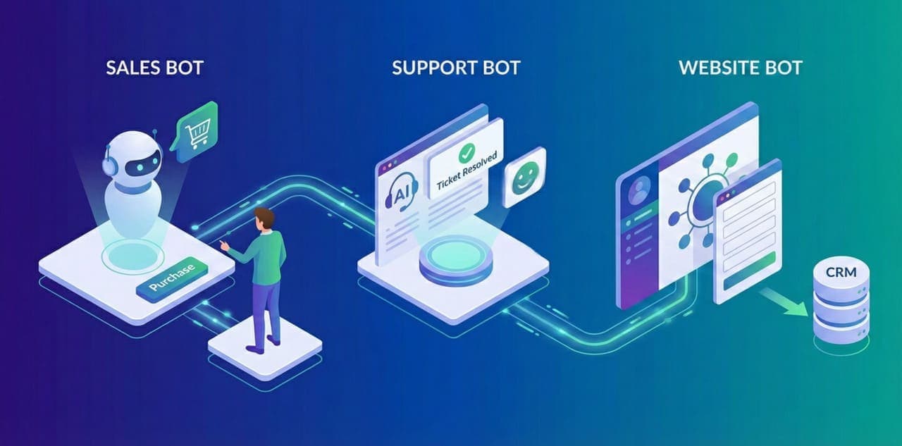 אילוסטרציה של בוט מכירות, בוט תמיכה ובוט לאתר המשולבים בתהליך אוטומציה למערכת CRM