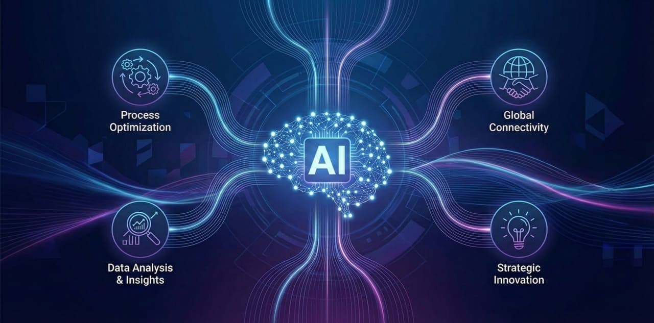 תרשים זרימה של אוטומציה עסקית עם סוכני AI וחיבורים בין מערכות