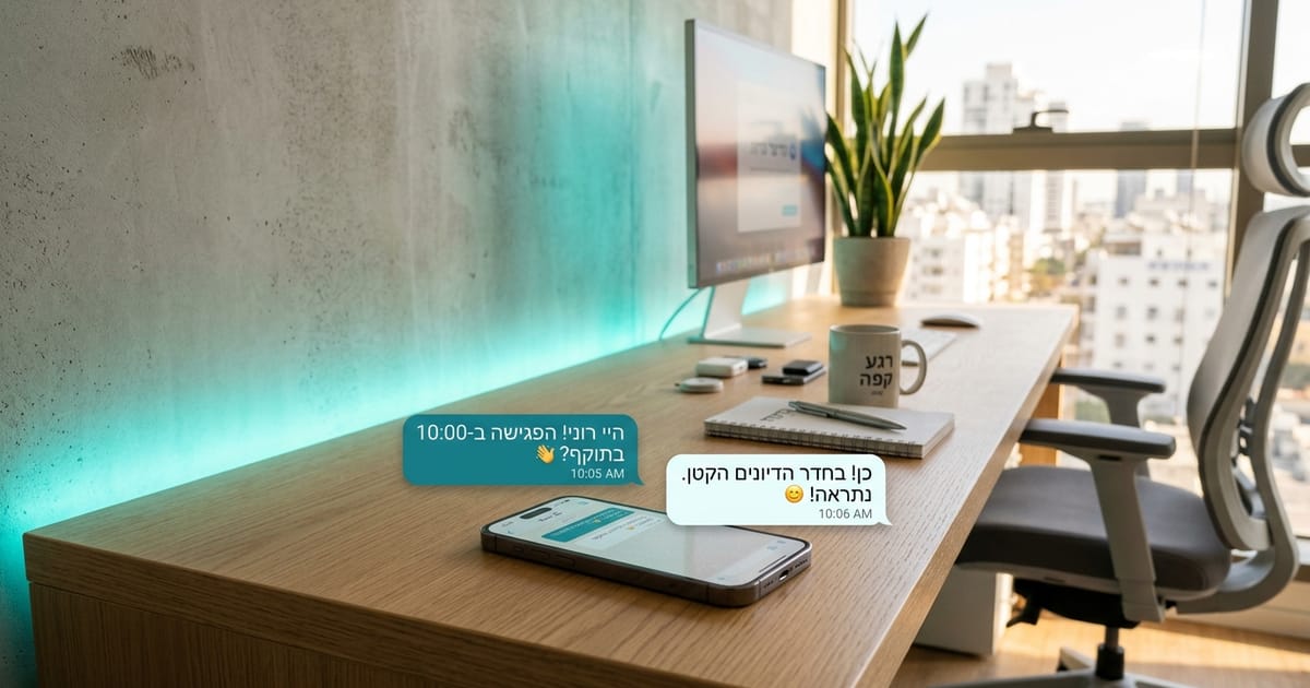 Two WhatsApp conversations side by side on a desk in a modern office