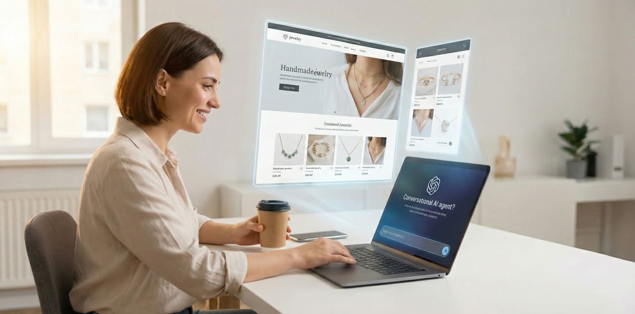 יזמית מקימה חנות אינטרנטית לתכשיטים במהירות באמצעות שיחה עם סוכן AI חכם המציג את התוצאה בהולוגרמה