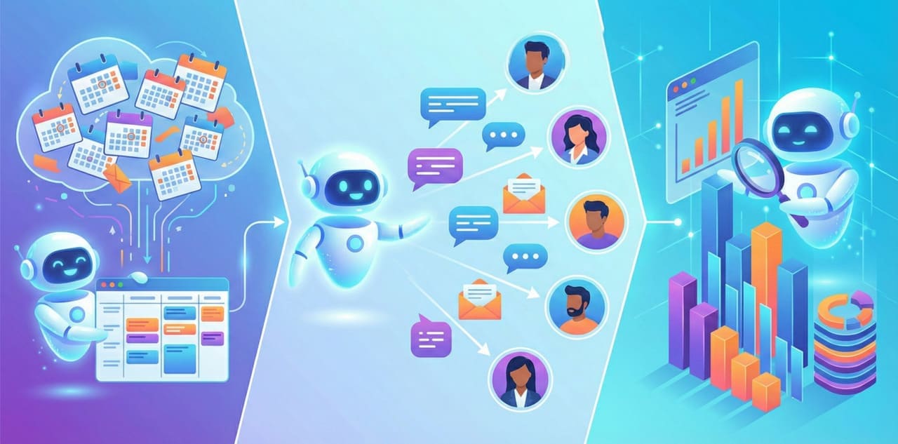 אילוסטרציה של עובד AI מבצע משימות אוטומציה: ניהול יומנים, שליחת הודעות מכירה מרובות וניתוח נתונים