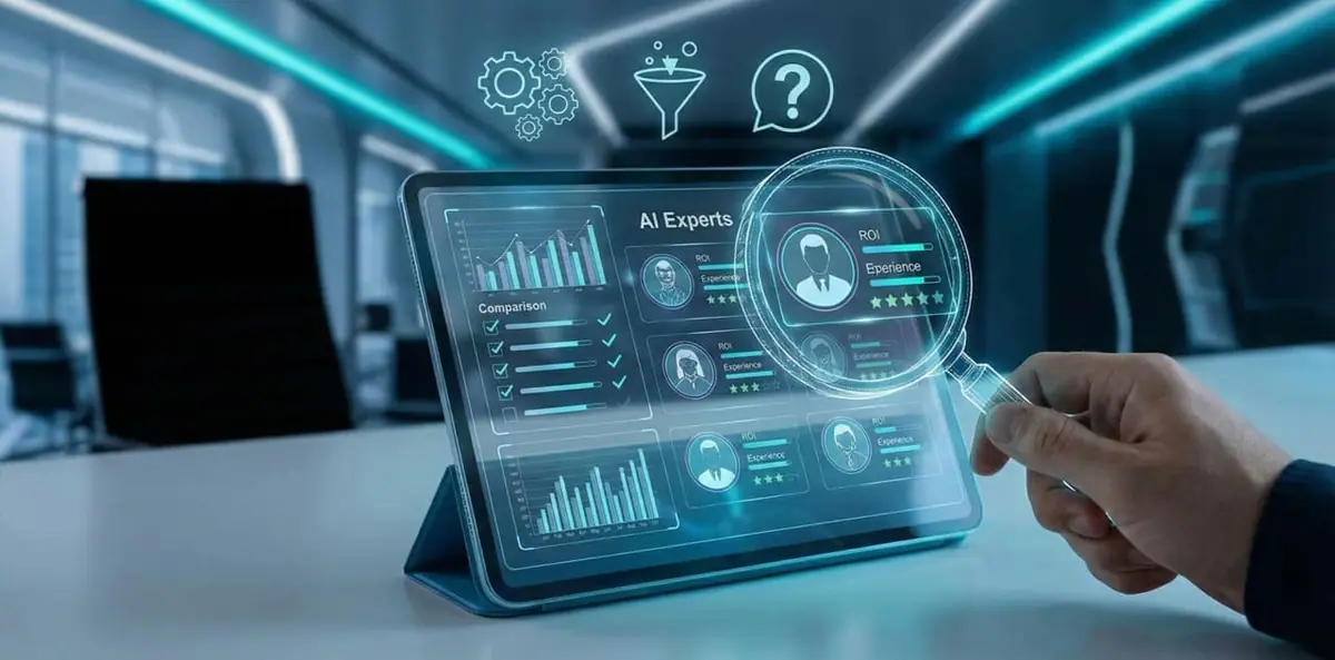 בדיקת קריטריונים ושאלות מפתח לבחירת יועץ AI לעסק, כולל בחינת ניסיון מוכח, אינטגרציה למערכות ומדדי ROI