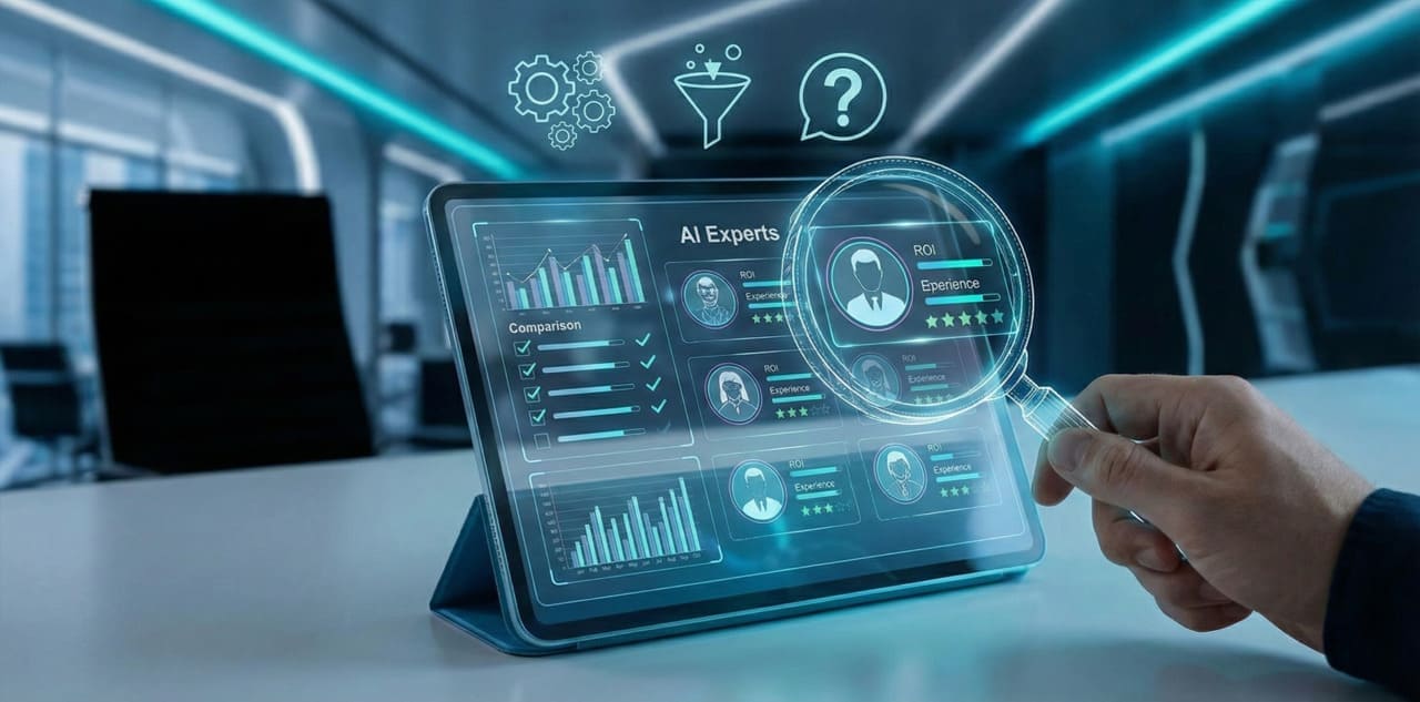 בדיקת קריטריונים ושאלות מפתח לבחירת יועץ AI לעסק, כולל בחינת ניסיון מוכח, אינטגרציה למערכות ומדדי ROI