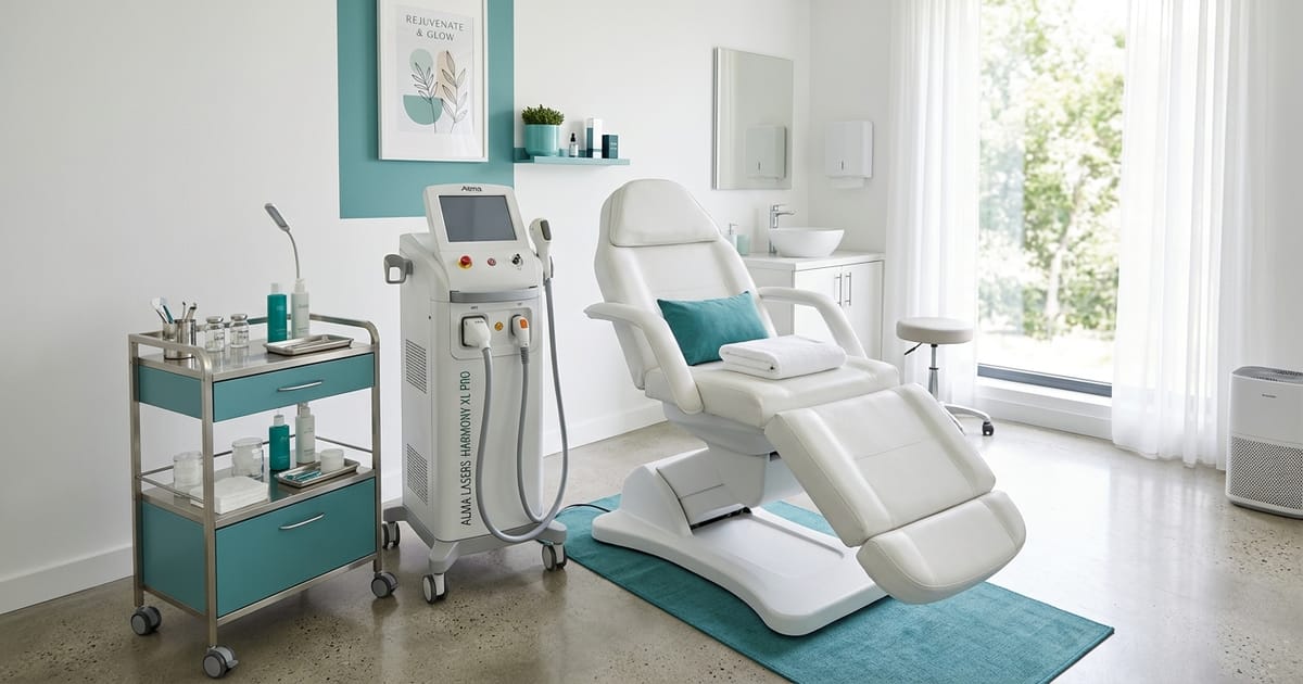 Bright treatment room in an aesthetic medicine clinic with a treatment chair and device