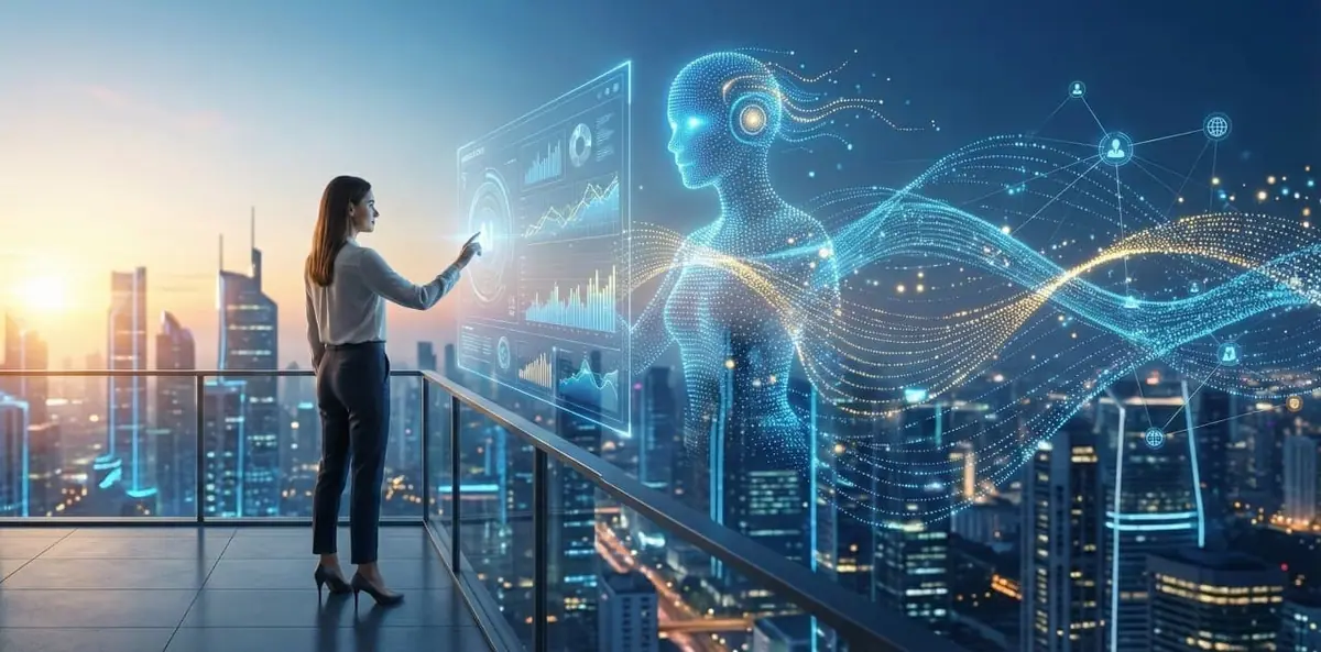 איור עתידני של עסק עם אסיסטנטים חכמים מבוססי AI