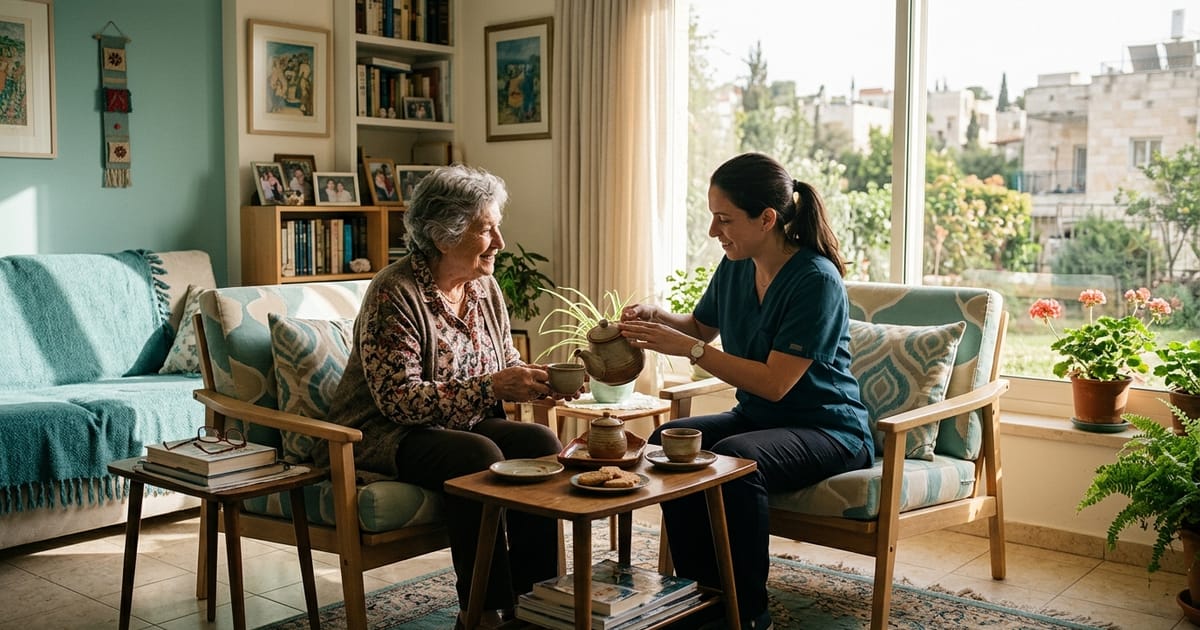Caregiver serving tea to an elderly woman in a sunlit Israeli living room