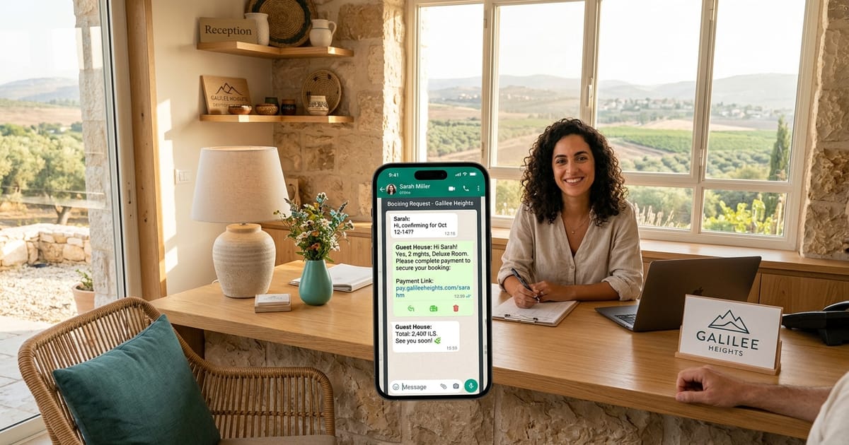 סוכן AI מקבל הזמנת חדר ושולח קישור מקדמה לאורח מלון