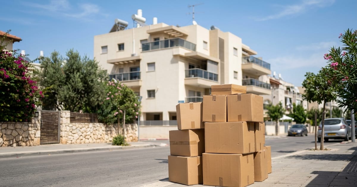 Stacked moving boxes on an Israeli residential street outside an apartment building