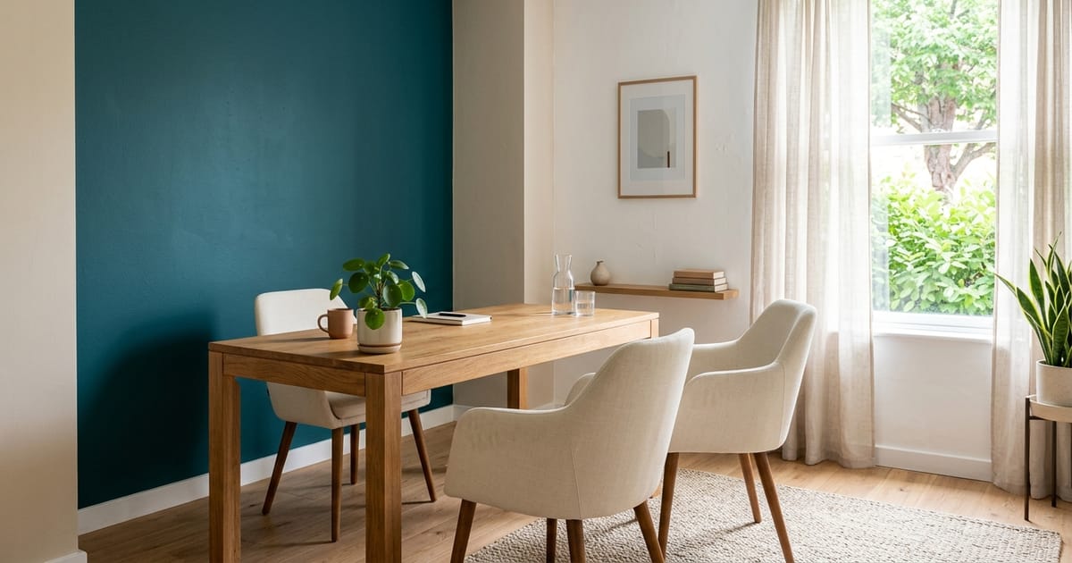 A bright consultation room with a wooden desk, light armchairs and a teal accent wall