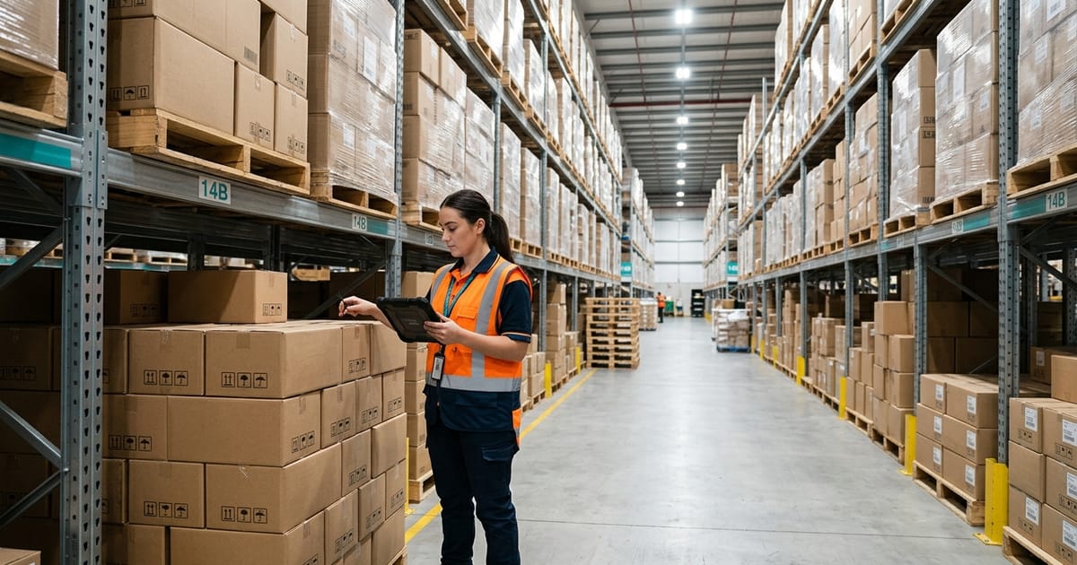 Wholesale warehouse aisle with pallet racking, cartons and a tablet for order management