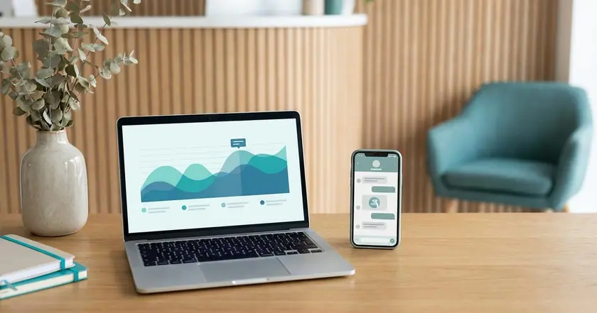 A screen with a campaign chart next to a phone with an open WhatsApp chat