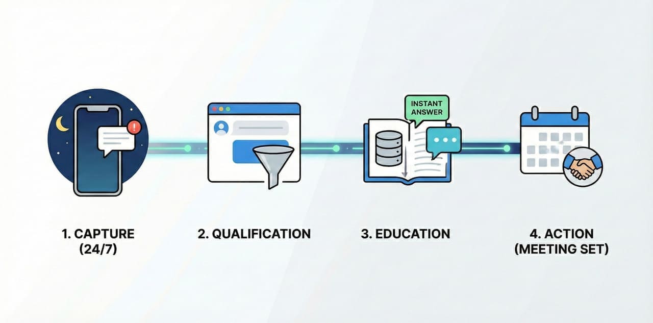 ארבעת השלבים של טיפול אוטומטי בלידים עם AI: לכידה 24/7, טיוב, חינוך וקביעת פגישה.