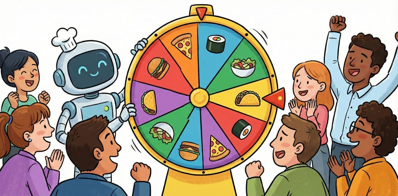 אילוסטרציה של בוט AI ידידותי הבוחר ארוחת צהריים עבור צוות עובדים שמח במשרד.