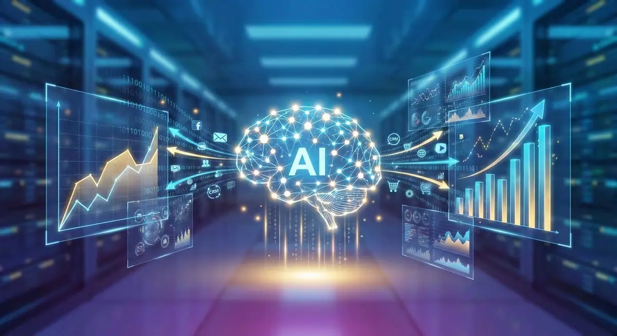 אוטומציה שיווקית מבוססת AI עם גרפים ונתונים דיגיטליים
