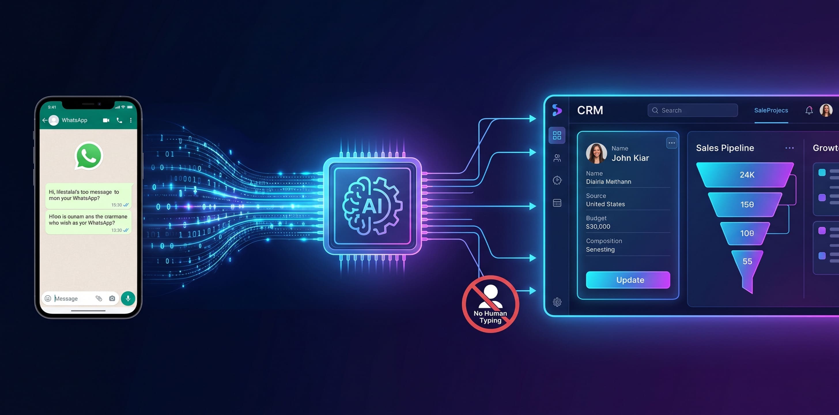 תרשים זרימת עבודה חכמה עם AI-native CRM - כיצד מערכות ניהול לידים עצמאיות מטפלות בהמרה מוואטסאפ אל תוך ה-CRM ב-2026, ללא מגע יד אדם או צורך בהקלדה ידנית של אנשי עסקים וצוות השירות.