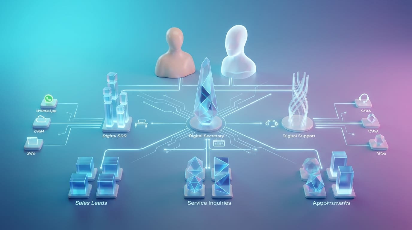 Org chart of a blended team where human managers work alongside digital employees: a digital SDR, receptionist and support agent