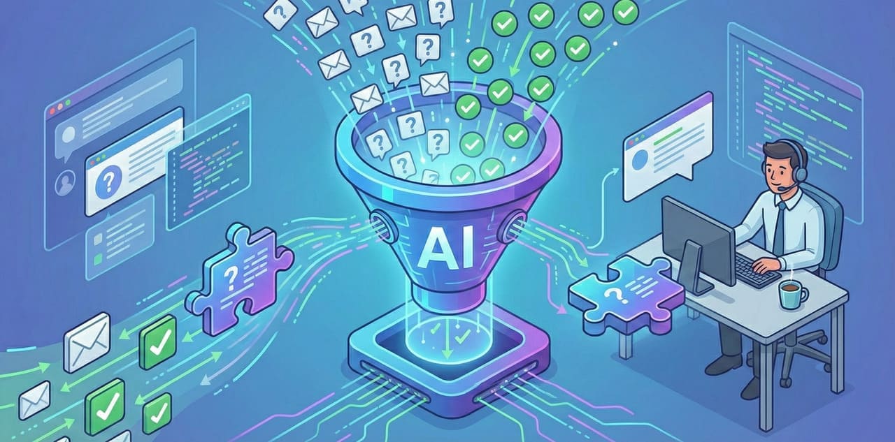 אילוסטרציה הממחישה שיתוף פעולה בין בוט AI לנציג אנושי: הבוט מסנן ומטפל אוטומטית בנפח עצום של פניות פשוטות, בעוד הנציג האנושי רגוע ומתמקד בפנייה מורכבת אחת.