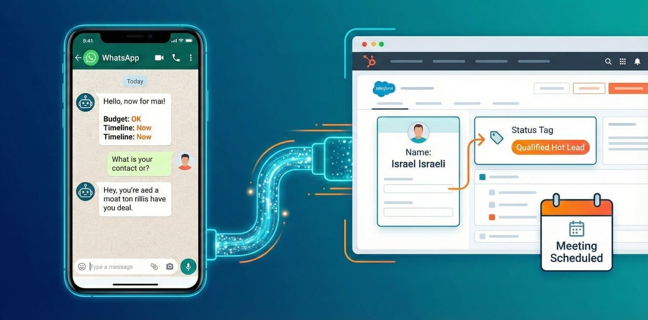 איור הממחיש בוט וואטסאפ חכם המעביר אוטומטית נתוני ליד מסווג ומטויב ישירות למערכת CRM, כולל קביעת פגישה.
