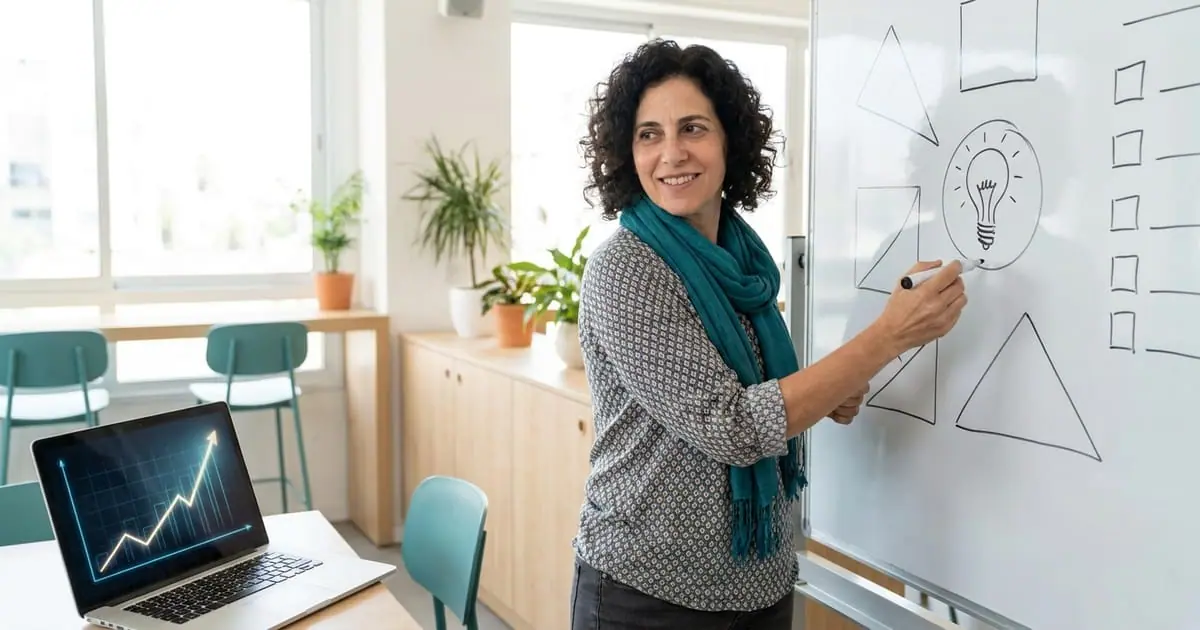 בעלת עסק מסמנת סמל אחד על לוח מחיק ליד רשימת משימות