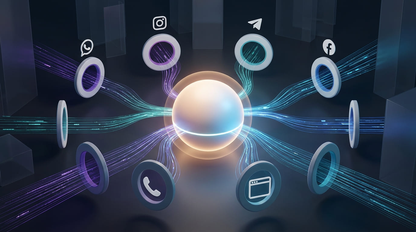 Autonomous Sales and Service Hub concept: one always-on hub unifying WhatsApp, social, website and voice into a single customer context