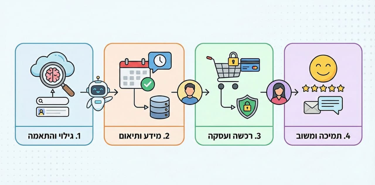 ארבעת שלבי פעולת סוכני AI במרקטפלייס: גילוי חכם, תיאום יומנים, רכישה מאובטחת ומשוב לקוחות