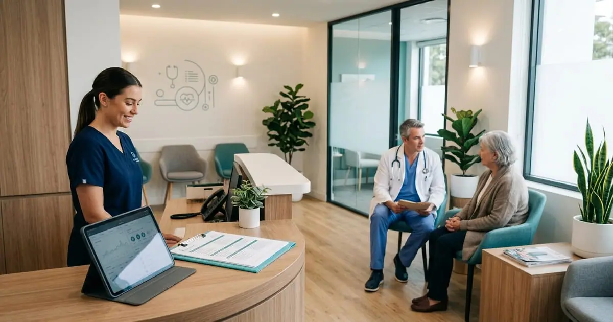Private clinic reception desk with an AI agent screen and an approved protocol sheet
