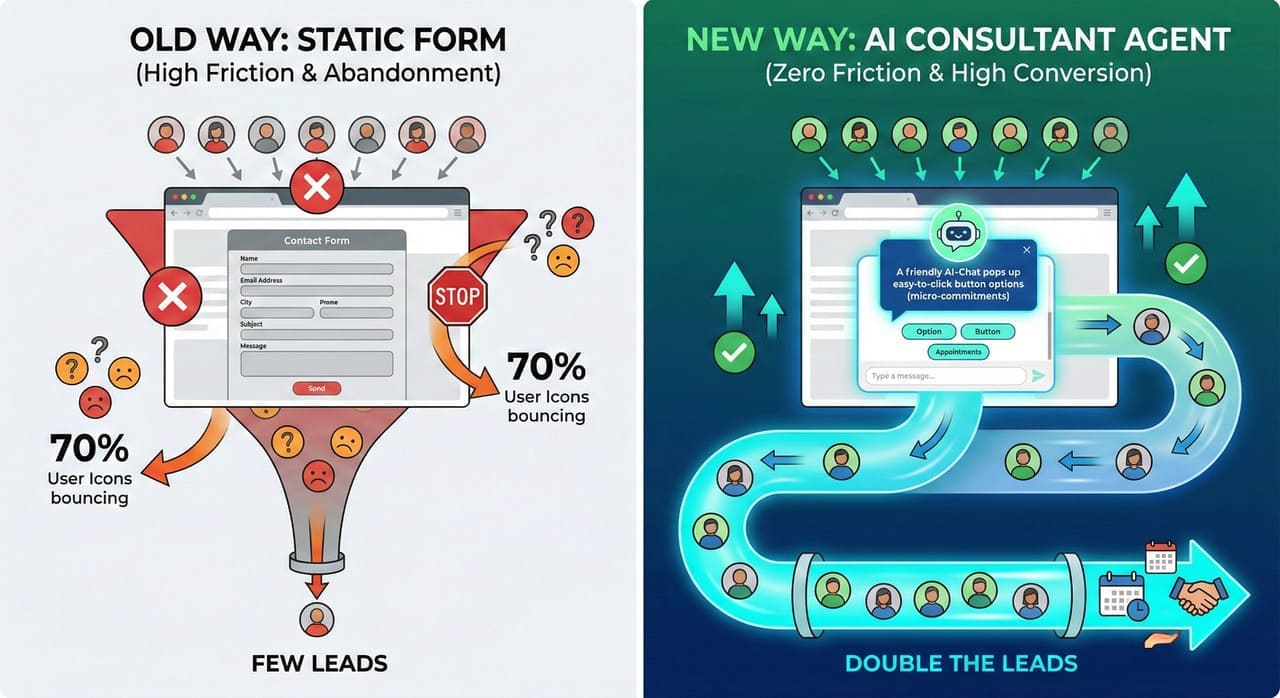 השוואה גרפית בין טופס יצירת קשר עם אחוזי המרה נמוכים לצ'אט AI אינטראקטיבי עם אחוזי המרה גבוהים