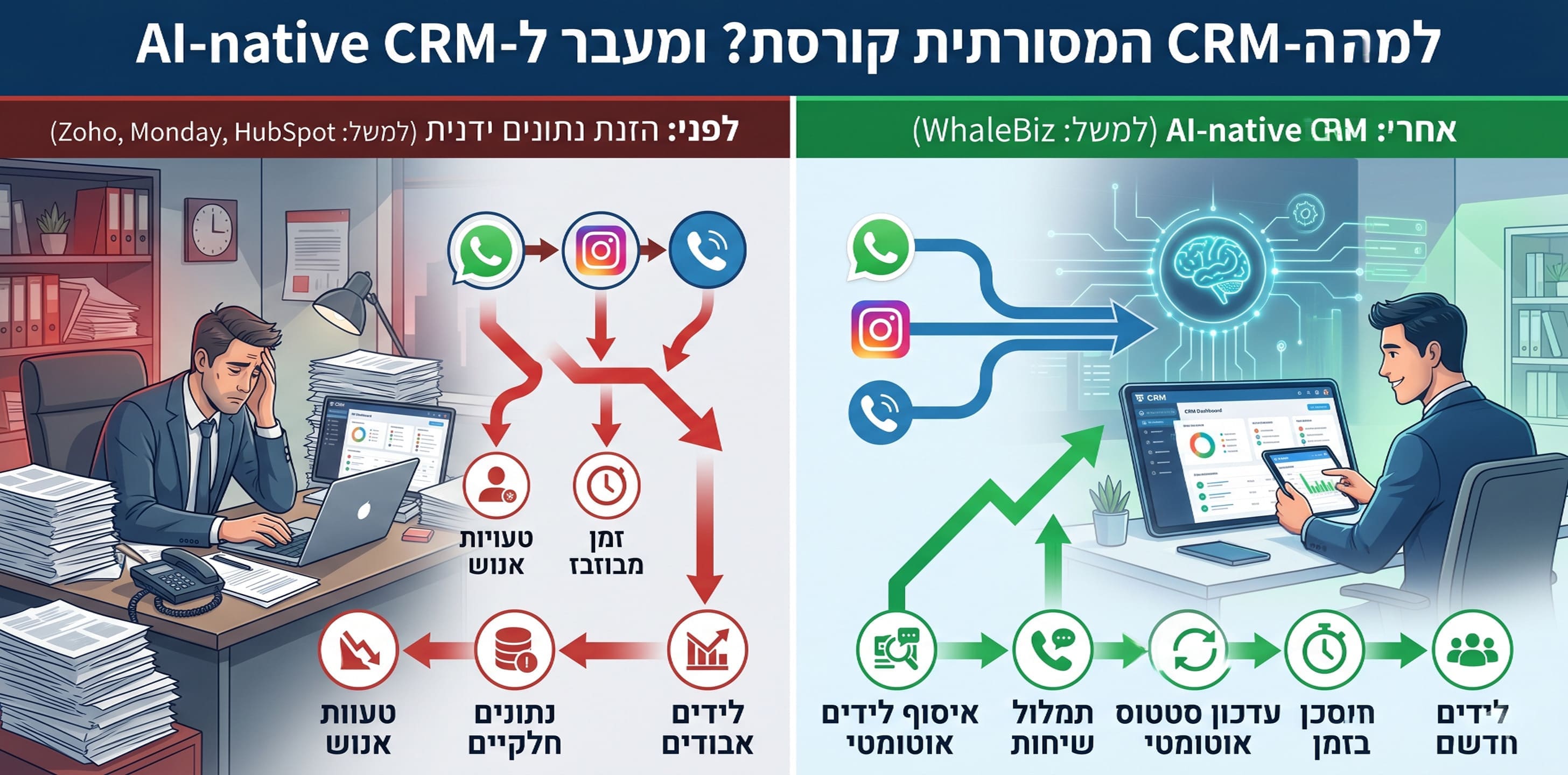 תרשים זרימה המשווה התאמה אישית של מערכות CRM לבתי עסקים שונים בישראל לשנת 2026, הממחיש את השתלבותם מול AI, ערוצי הוואטסאפ בניהול לקוח אפקטיבי ומהיר.