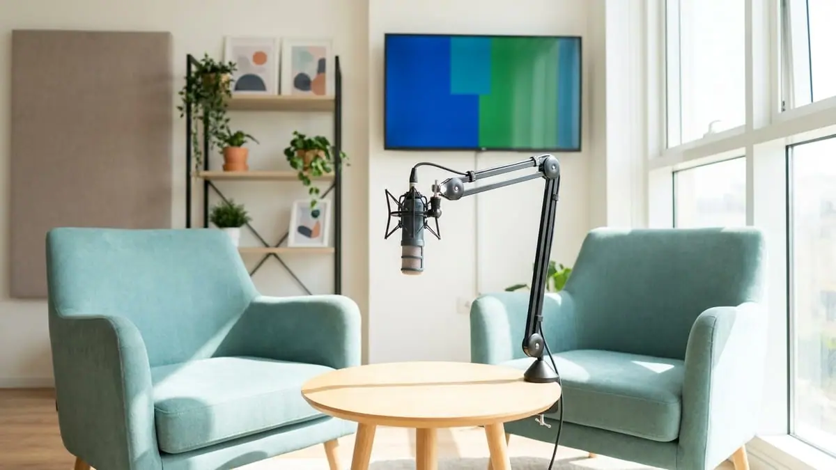 A studio set up for an interview on the future of AI in small businesses: two armchairs and a microphone