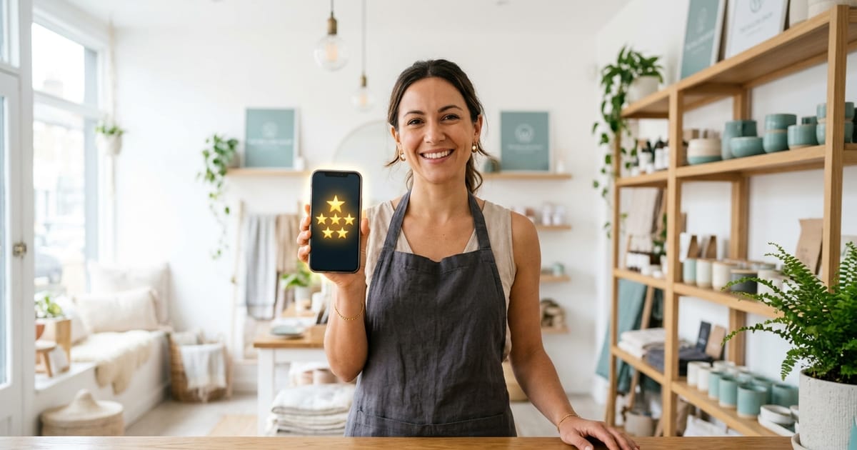 Business owner holding a phone showing a star rating in a shop