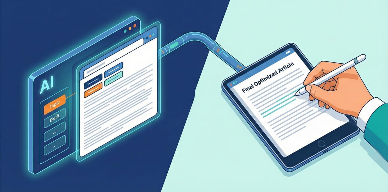 עורך תוכן אנושי משפר ומלטש טיוטת מאמר שנוצרה על ידי בינה מלאכותית לקידום אתרים (SEO).