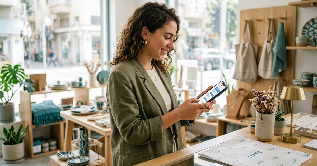 Business owner reading customer direct messages on a phone in a boutique shop