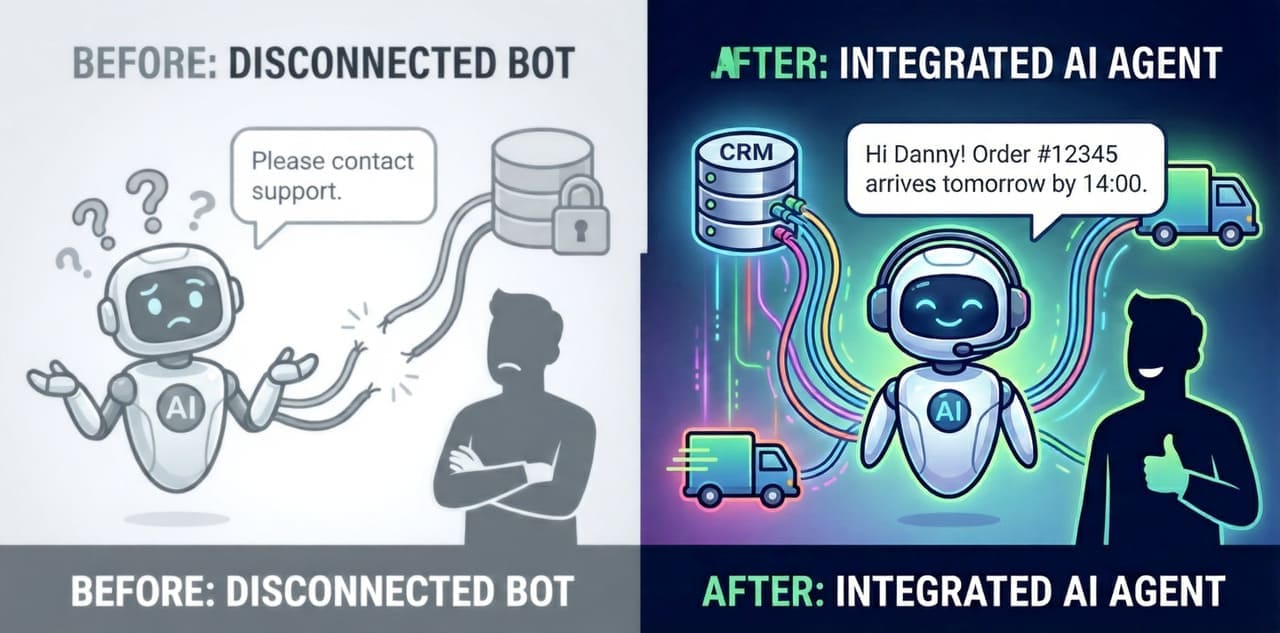 איור השוואתי: משמאל בוט תמיכה מנותק שאינו יכול לעזור ללקוח, ומימין בוט AI חכם המחובר ל-CRM ושולף מידע אישי על הזמנה בזמן אמת