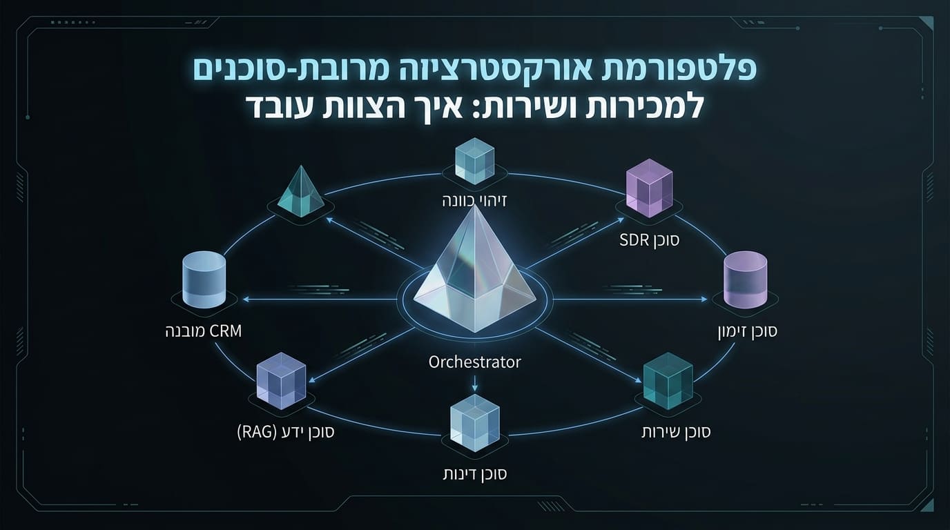 Схема мультиагентной платформы оркестрации продаж и обслуживания WhaleBiz: дирижёр-оркестратор и специализированные AI-агенты передают друг другу контекст