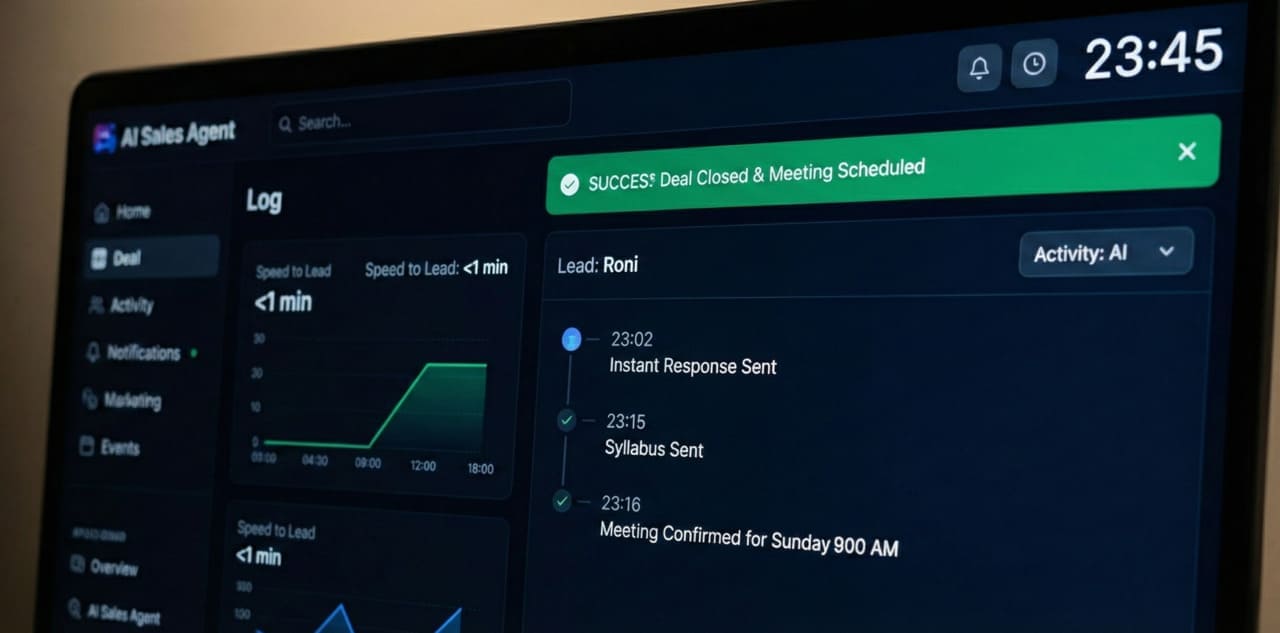 דאשבורד של סוכן מכירות AI המציג סגירת עסקה ותיאום פגישה בשעה 23:45 בלילה