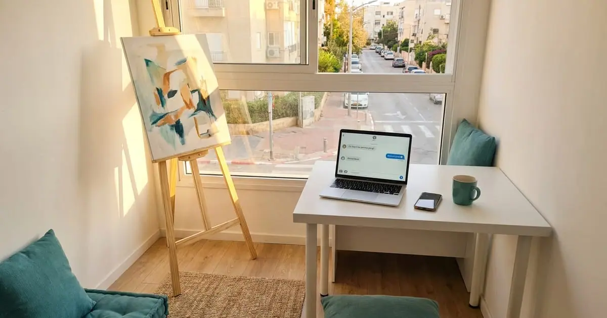 A painter's studio with a canvas on an easel, a phone and an open laptop on the desk
