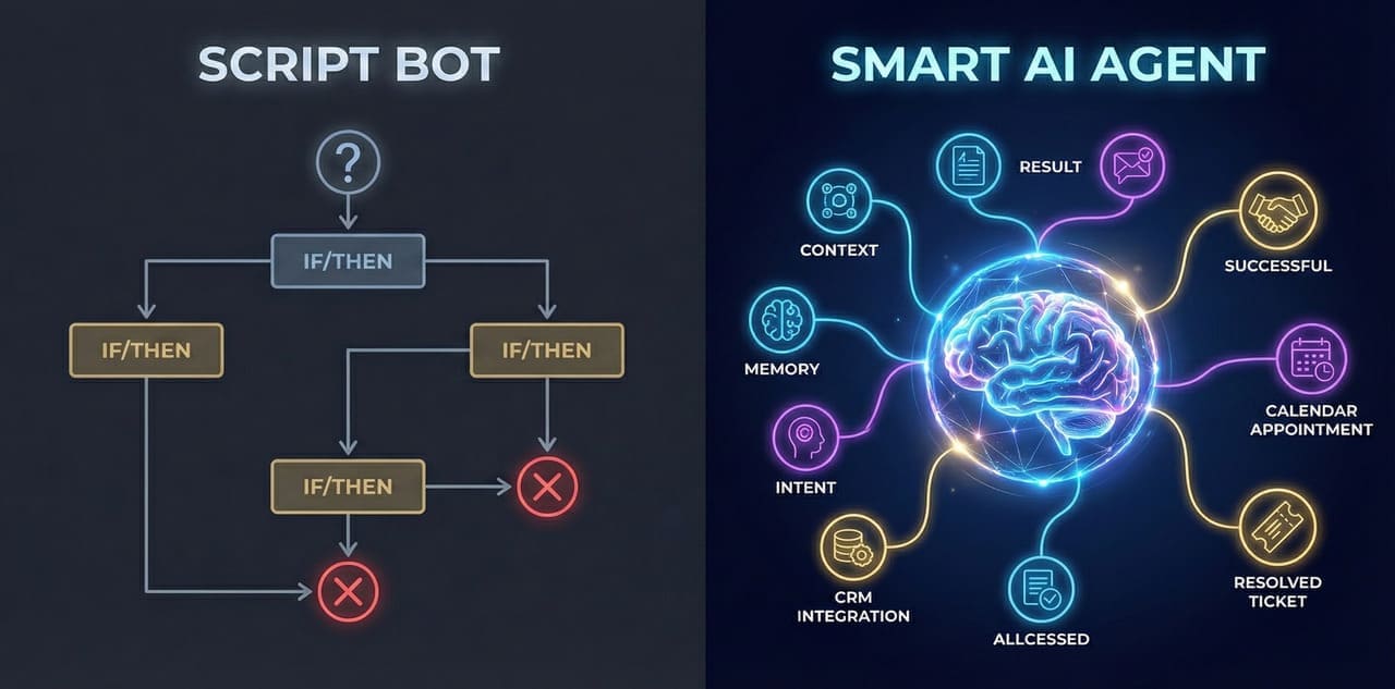 השוואה ויזואלית: בוט תסריטים ישן ומוגבל מול סוכן בינה מלאכותית חכם הלומד ומבין הקשר.