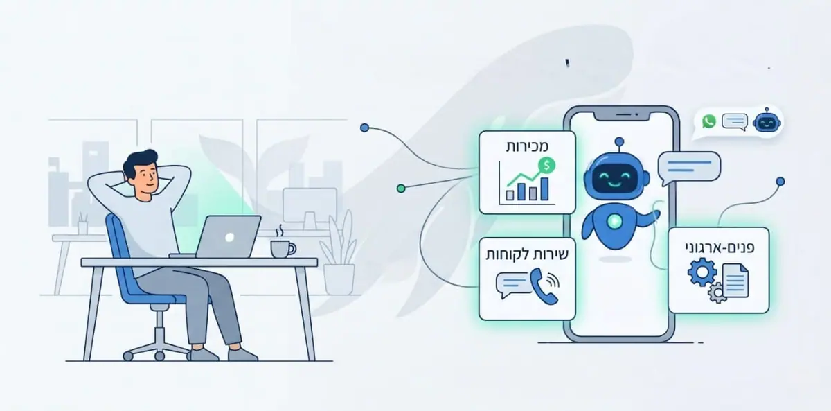 סוכן AI חכם לעסקים מנהל במקביל שיחות מכירה ושירות לקוחות בוואטסאפ בזמן שבעל העסק מתפנה לניהול אסטרטגי