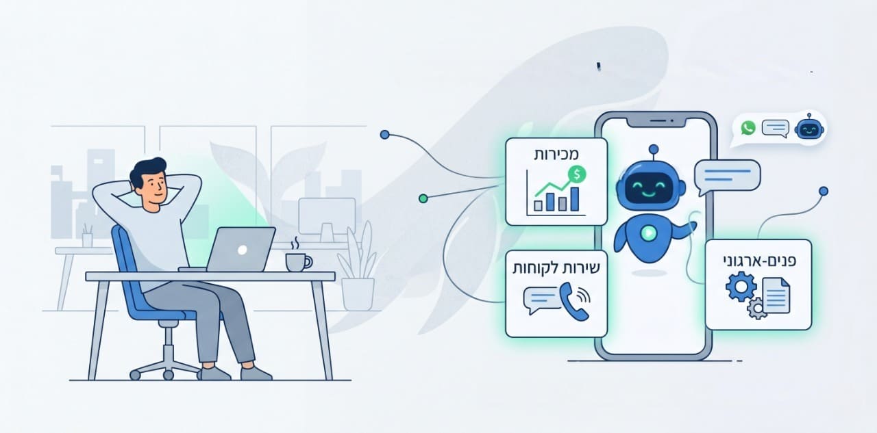 סוכן AI חכם לעסקים מנהל במקביל שיחות מכירה ושירות לקוחות בוואטסאפ בזמן שבעל העסק מתפנה לניהול אסטרטגי