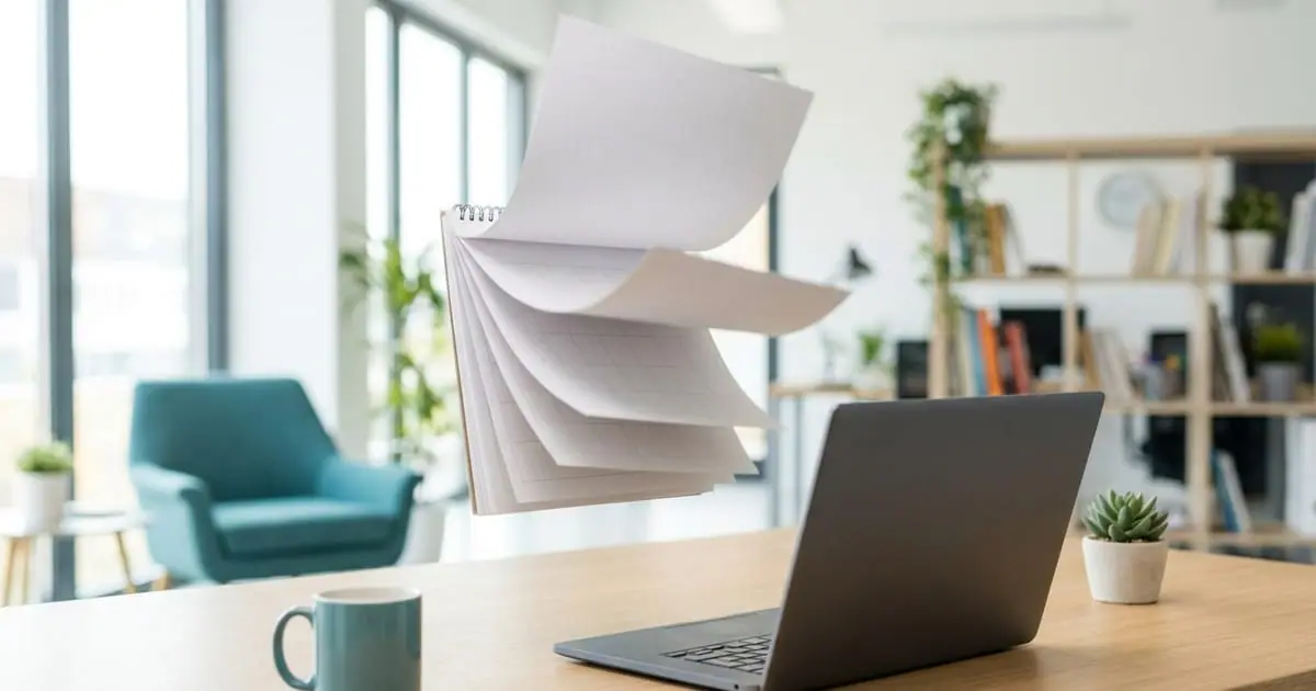A calendar with pages flipping in the air above a desk with a laptop