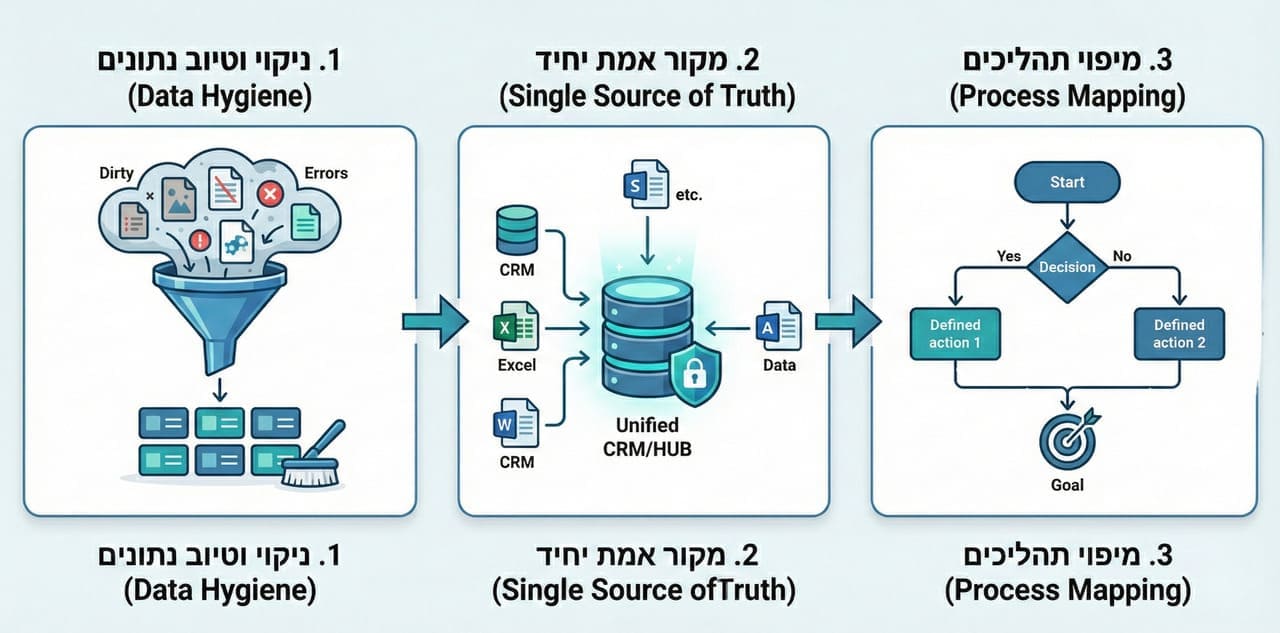 צ'ק ליסט אסטרטגי להכנת העסק לבינה מלאכותית: ניקוי דאטה, הגדרת מטרות ומיפוי תהליכים