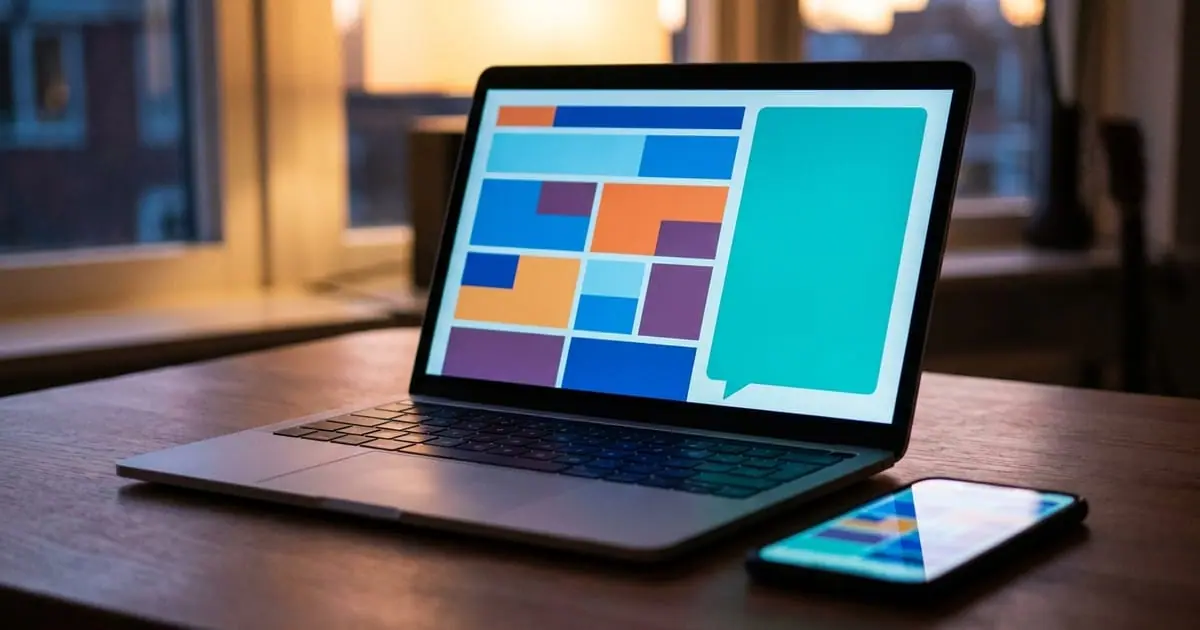 A laptop showing a website with a teal chat window, a phone beside it