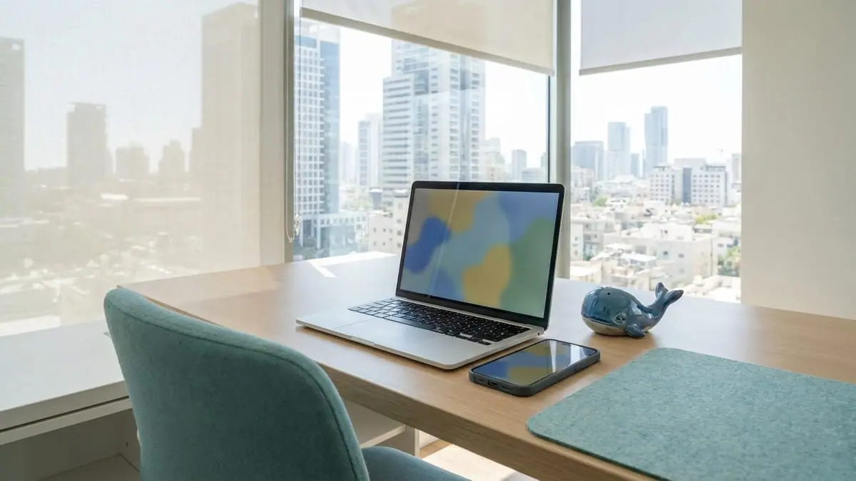 A bright office desk with a laptop, a phone and a small whale figurine